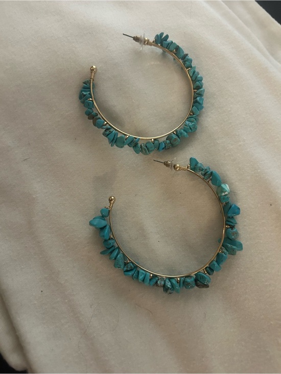 Jewelry - Gold Hoop Earrings with Turquoise Stone Chips